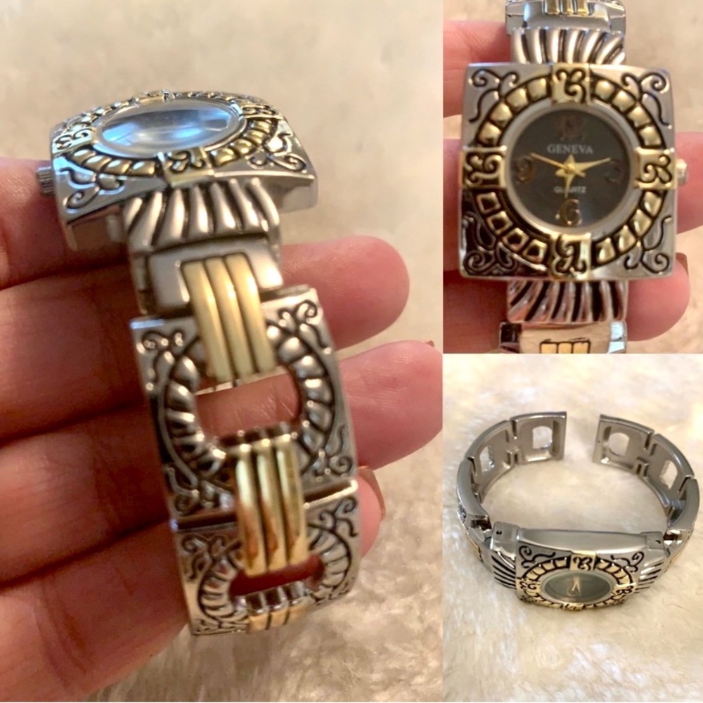 Silver & Gold Cuff Watch Geneva bracelet watch mixed metal